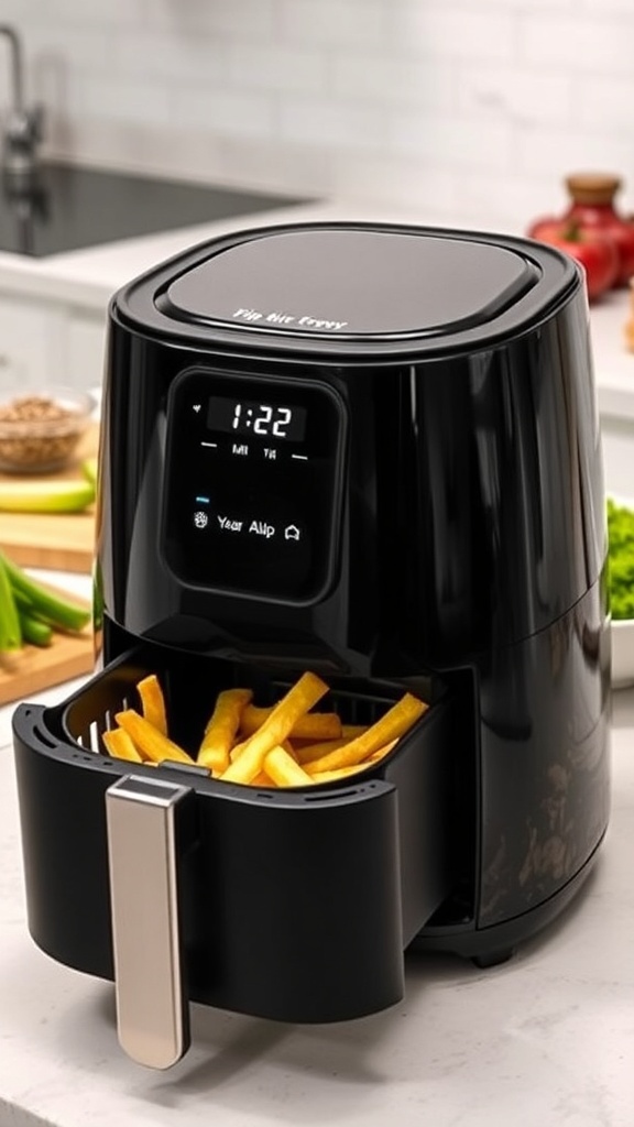 Black air fryer with fries in the basket on a kitchen countertop.